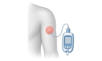 Ilustração de um sensor de glicose no braço ligado a uma bomba de insulina